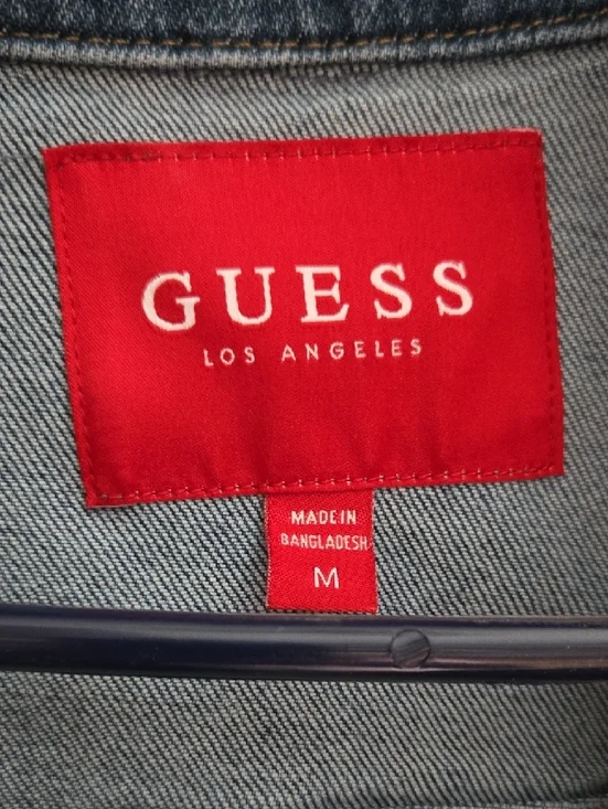 GUESS Distressed Blue Denim Jacket with Rhinestone Logo - Picture 2 of 5